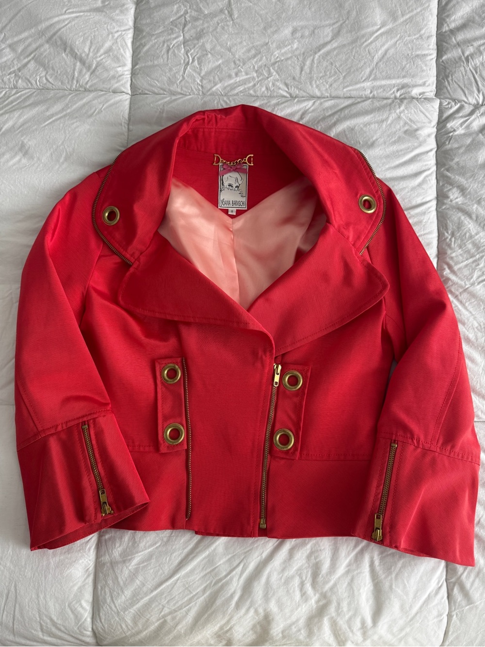 Yoana Baraschi Short Moto Jacket with Gold Zipper Grommet Details